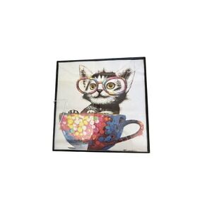 Mainstays Kitten in Teacup Framed Wall Art Cat with Rainbow Glasses 8x8 Black
